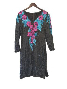 80s Party Dress Vintage Black Sequin Floral V-Neck Elegance by Arujan Dress M
